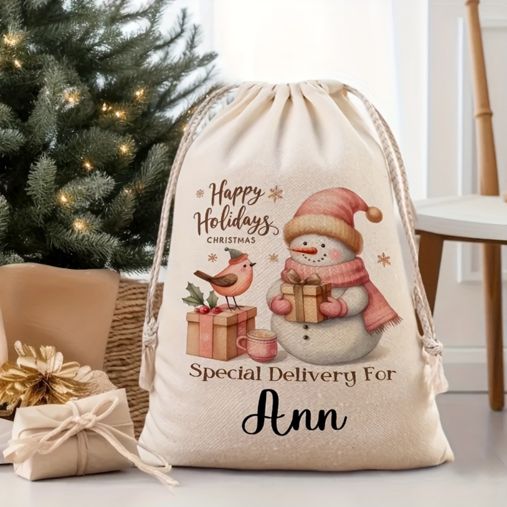 Winter Clothing Name - Gepersonaliseerde Kerst Sneeuwpop Trekkoordtas, Op maat