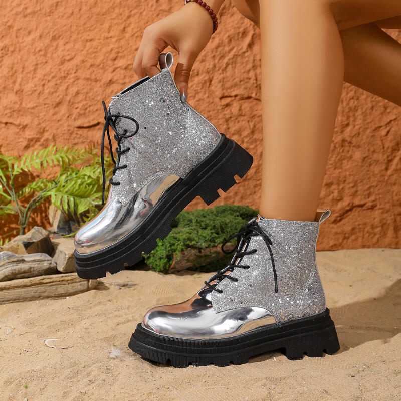 Winter Cloth - Luxe zilveren glitter dikke bodem veterschoenen